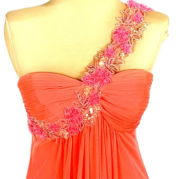 Xscape Asymmetrical Orange and Pink Embellished Gown - Picture 3 of 12